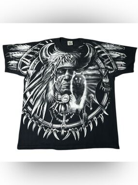 Vintage Liquid Blue Native American Chief Tribal Wolf 2003 All Over Print Shirt